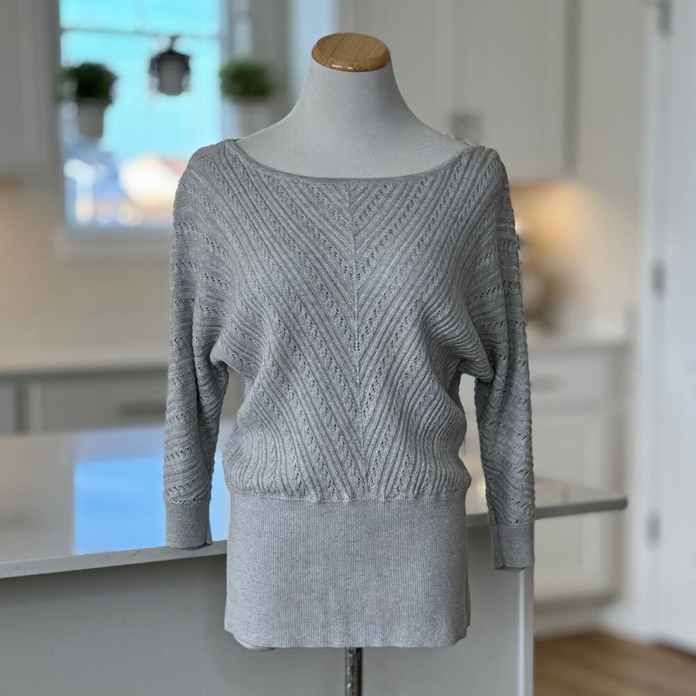 White House Black Market | Gray Metallic Crochet Sweater